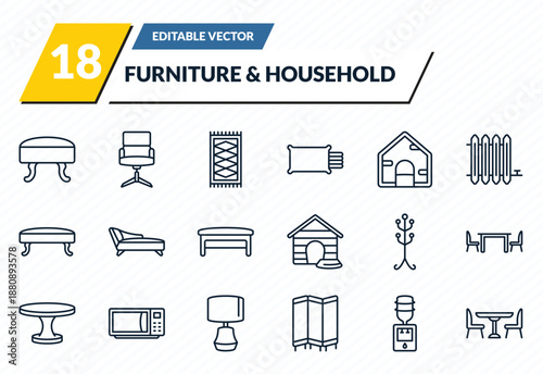 furniture & household icons set - footstool, office chair, rugs, water dispenser, dinner table outline vector collection.