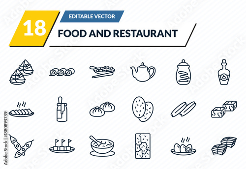 food and restaurant icons set - zongzi, zhaliang, buddhas delight, soy eggs, dongpo pork outline vector collection.