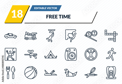 free time icons set - buggy, toy train, bungee jumping, baking, hiking outline vector collection.