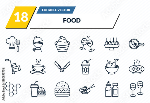 food icons set - chef cooking on stove, cooking on the, mayonnaise, condiments, stemware outline vector collection.