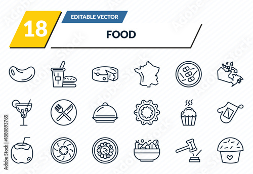 food icons set - bean, fast food restaurant, cheese wedge, fair, romantic muffin outline vector collection.