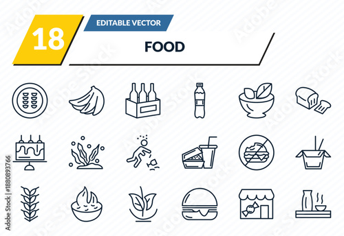 food icons set - guotie, bananas, wine bottles in a box, candy shop, sake outline vector collection.