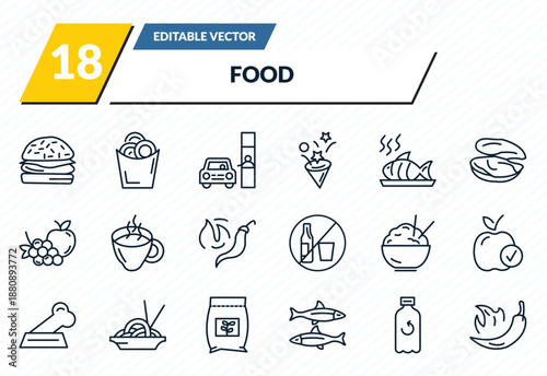 food icons set - burguer, onion rings, drive through, recycling bottles, hot chilli pepper outline vector collection.