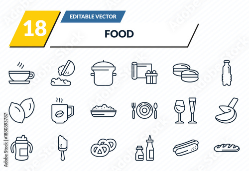 food icons set - coffee cup with steam, fallen, kitchen pot, hotdog and bread, french bread outline vector collection.