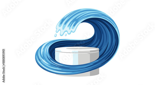 A stylized blue water wave gracefully encircles a pristine white cylindrical pedestal, creating a dynamic and refreshing visual emblem.