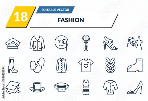 fashion icons set - monarchy, jacket with pockets, monocle, jacket with buttons, high heel shoes outline vector collection.