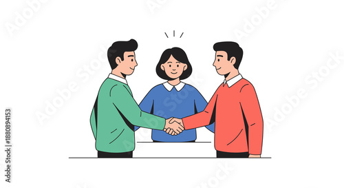 Two diverse men shake hands in agreement, symbolizing successful business partnership and collaboration, while a woman observes approvingly.