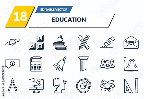 education icons set - solar system, creche, book and, atomic orbitals, square outline vector collection.