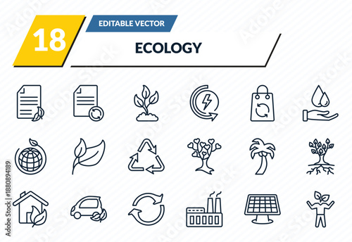 ecology icons set - eco paper, recycled paper, growing plant, solar energy, eco volunteer outline vector collection.