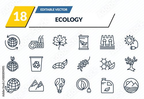 ecology icons set - recycling, recycling factory, m leaf, biodiesel, landscape image outline vector collection.