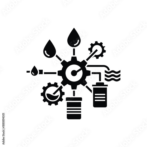 Industrial gear mechanism with oil droplets and gears on white background for energy efficiency concepts