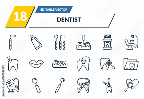 dentist icons set - dentists drill tool, toothpaste tube, dentist tools, tooth extraction, check up outline vector collection.