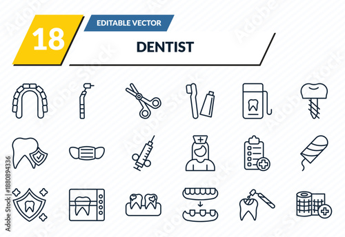 dentist icons set - maxilla, filler, dentist scissors, tooth filling, gauze outline vector collection.
