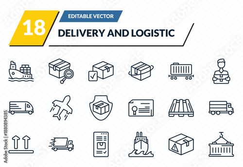 delivery and logistic icons set - ship by sea, tracking, package checking, delivery warning, delivery containers outline vector collection.