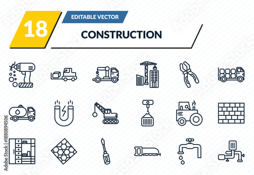 construction icons set - electric drill, trolley truck, truck with crane, stopcock, adjustment system outline vector collection.