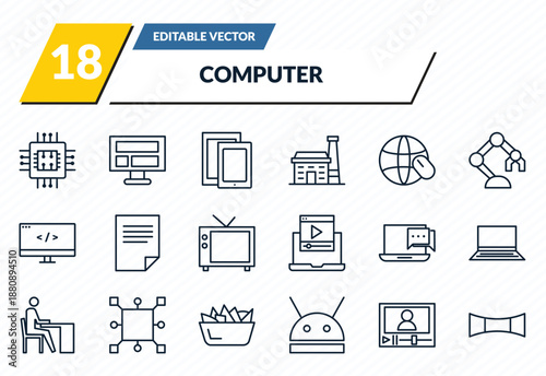 computer icons set - computer micro chip, computer and monitor, responsive de, video lecture, 3d screen outline vector collection.