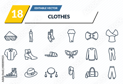 clothes icons set - shutter sunglasses, scarf on hanger, men socks, barrel handbag, harem pants outline vector collection.