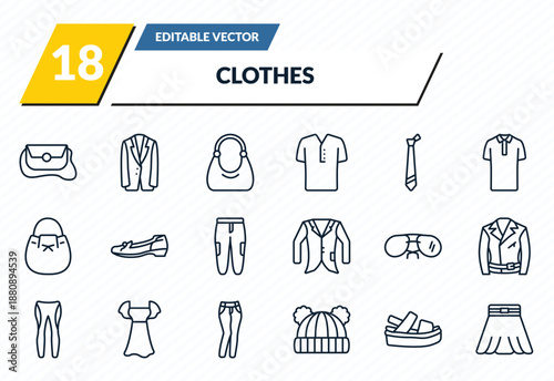 clothes icons set - messenger bag, jersey blazer, hobo bag, platform sandals, circle skirt outline vector collection.