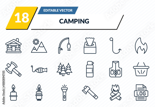 camping icons set - lodge, mountain, fishing rod, bonfire, log outline vector collection.