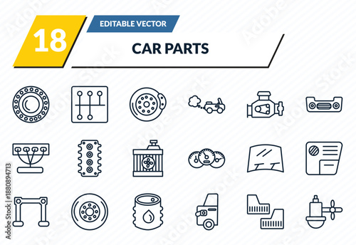 car parts icons set - car bearing, car gearbox, brake, mud flap, sump outline vector collection.