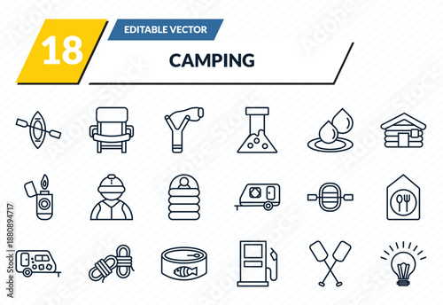 camping icons set - canoe, folding chair, slingshot, oar, lamp outline vector collection.