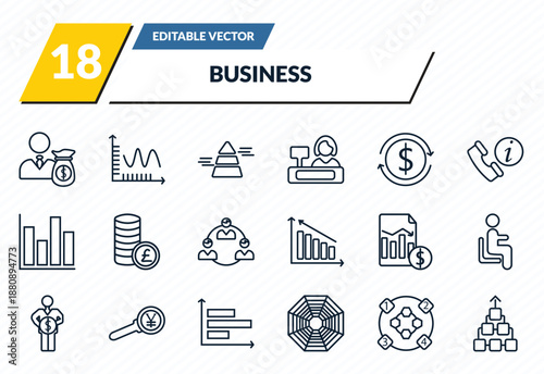 business icons set - man carrying money, smooth line chart, stats pyramid, item interconnections, item connections outline vector collection.