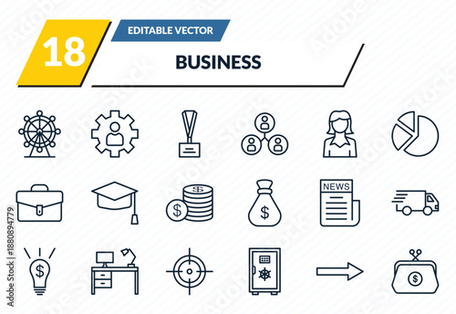 business icons set - big wheel, expert, lanyard, graphic arrow, coin purse outline vector collection.