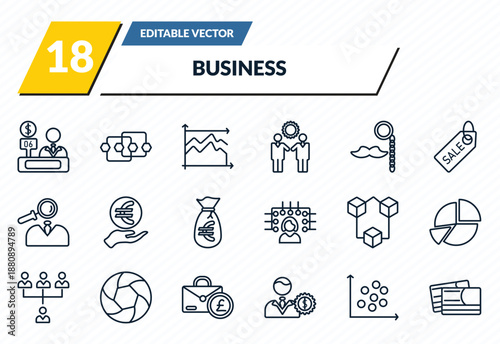 business icons set - bank teller, points connected chart, dual chart, scatter chart, color business card outline vector collection.