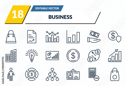 business icons set - shopping bags, paper graphic, graphs, tax calculate, supermarket bag outline vector collection.