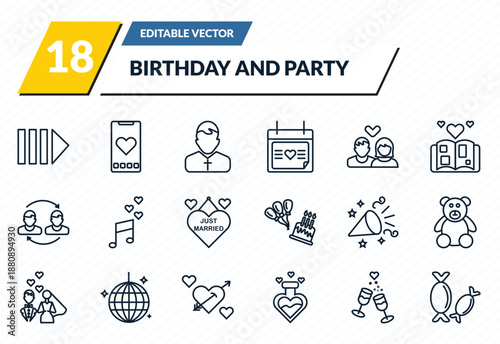 birthday and party icons set - queue, love smartphone, pastor, wedding champagne, sweet outline vector collection.