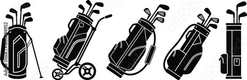 Golf driver, golf sport bags with clubs silhouette. Golf clubs bag on golf trolley, cart vector. 