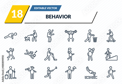 behavior icons set - stick man push up, walking the dog, stick man dancing, headfirst to water, stick man running outline vector collection.