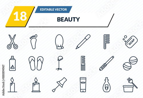 beauty icons set - open hair scissors, one foot, exfoliating mitt, nail polish removal, tint bowl outline vector collection.