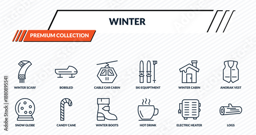 winter icons set - winter scarf, bobsled, cable car cabin, candy cane, logs outline vector collection.