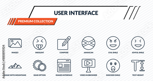 user interface icons set - images, insolent, compose, gear option, text height outline vector collection.