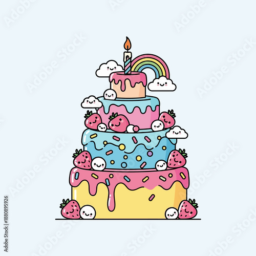 A vibrant cartoon cake with strawberries and rainbow decoration on a transparent background, viewed from the front.
