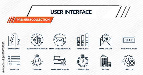 user interface icons set - power bank, round volume button, email envelope button, tungsten, tings cog outline vector collection.