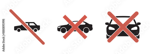 Three variations of a 'no vehicles allowed' sign representing car prohibition