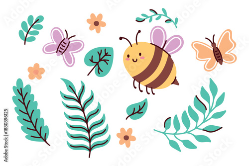 Natural bundle of leafy branches butterfly bee and floral elements. 
