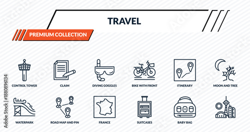 travel icons set - control tower, claim, diving goggles, road map and pin, outline vector collection.