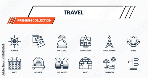 travel icons set - rudder, , hotel bell, bellhop, outline vector