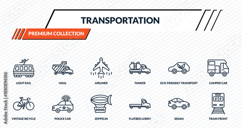 transportation icons set - light rail, haul, airliner, police car, train front outline vector collection.