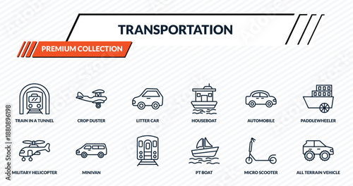 transportation icons set - train in a tunnel, crop duster, litter car, minivan, all terrain vehicle outline vector collection.