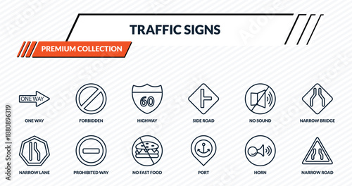 traffic signs icons set - one way, forbidden, highway, prohibited way, narrow road outline vector collection.