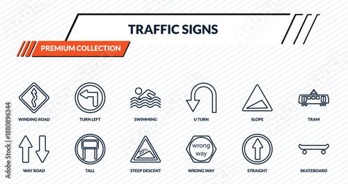 traffic signs icons set - winding road, turn left, swimming, tall, skateboard outline vector collection.