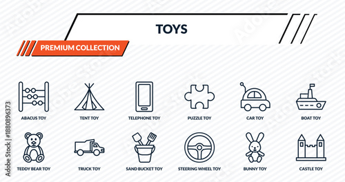 toys icons set - abacus toy, tent toy, telephone toy, truck castle outline vector collection.