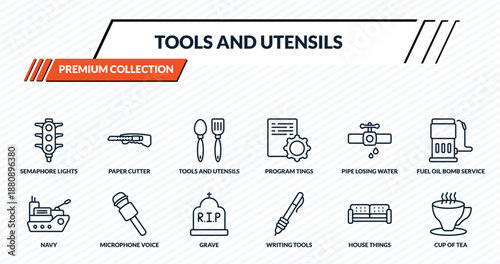 tools and utensils icons set - semaphore lights, paper cutter, tools and utensils, microphone voice tool, cup of tea outline vector collection.