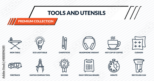 tools and utensils icons set - iron table, eco light bulb, chopsticks, maths compass tool, recycling can outline vector collection.