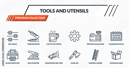 tools and utensils icons set - edit tools, thermometers, cup of hot coffee, hole puncher, open black box outline vector collection.