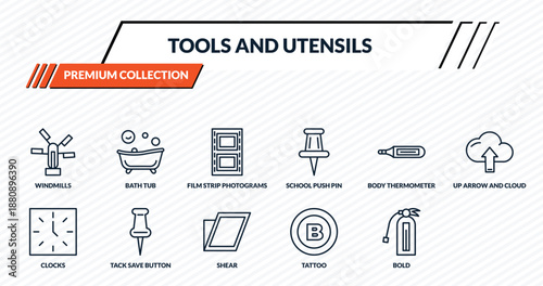 tools and utensils icons set - windmills, bath tub, film strip photograms, tack save button, flame extinguisher outline vector collection.